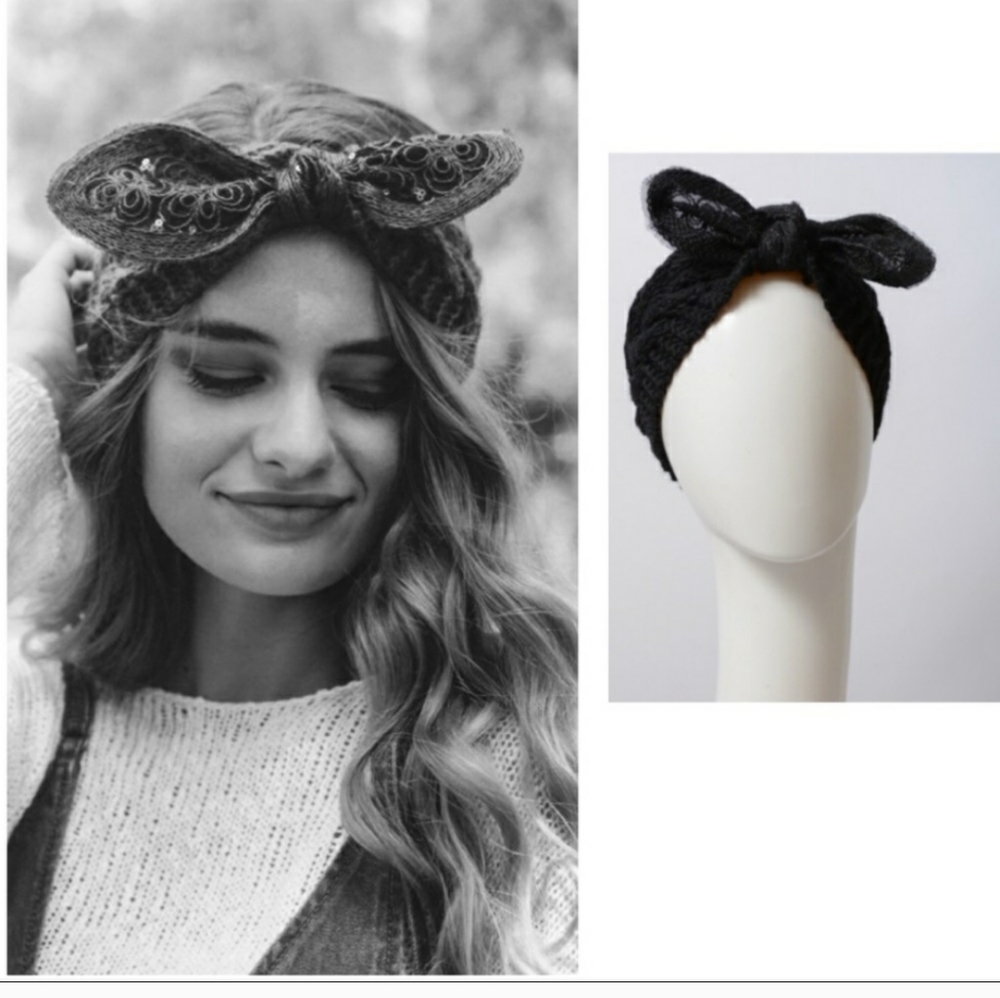 Knit headband with embellished bow.
